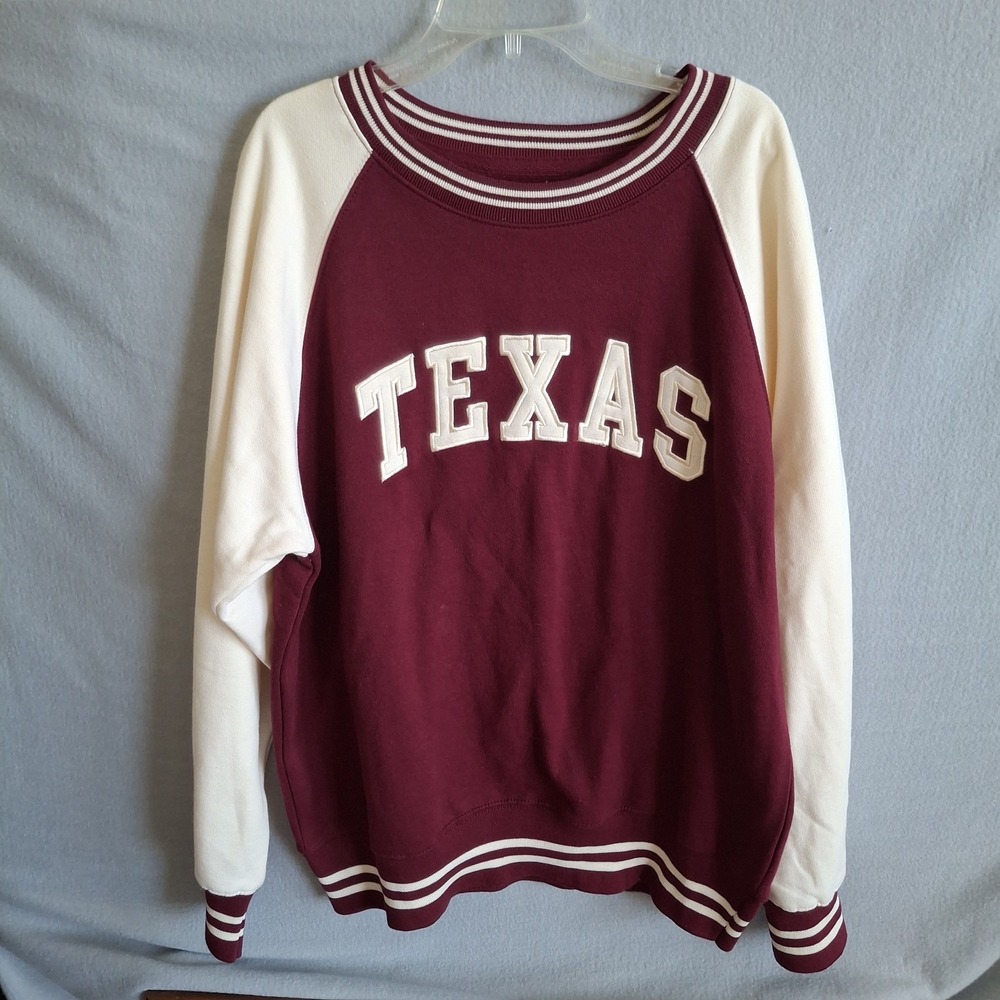 New York Popular Texas Sweatshirt Large Maroon Cream Raglan Varsity Crewneck